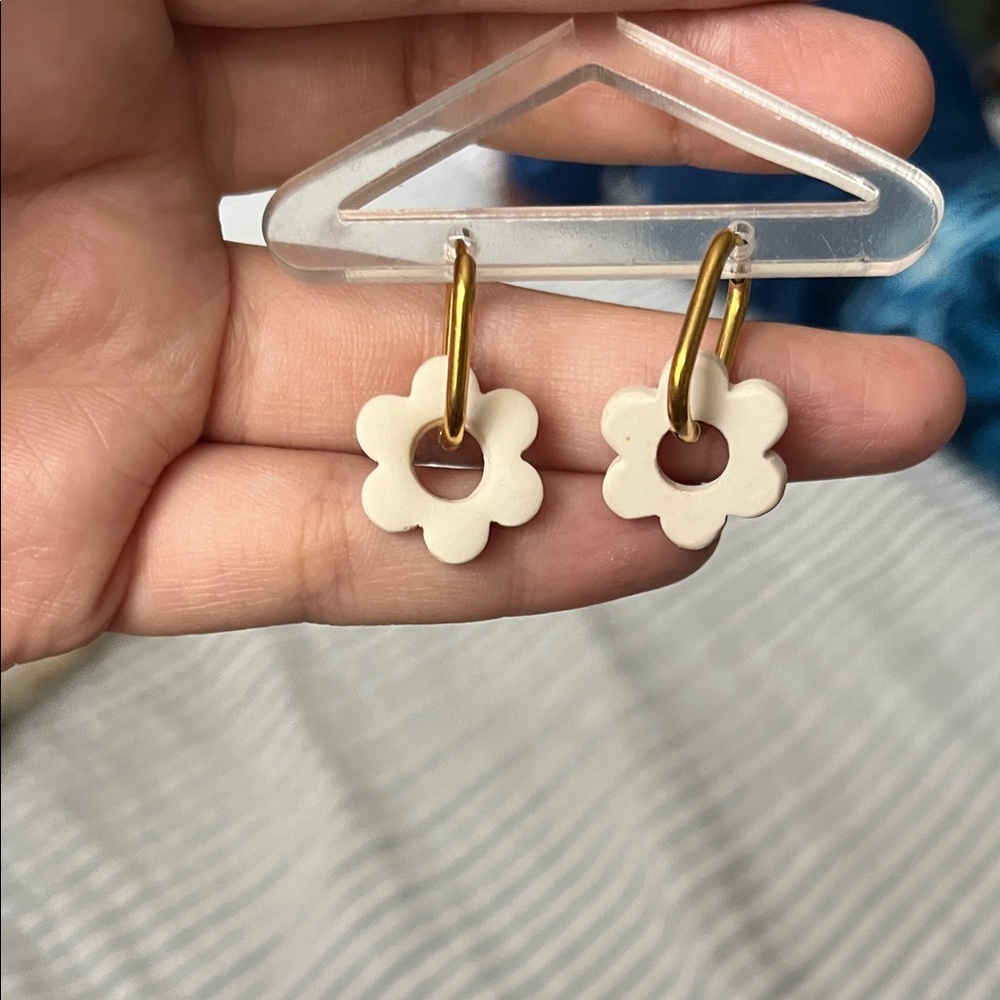 Gold Hoop Earrings with Cream Flower Charms - Women Jewelry